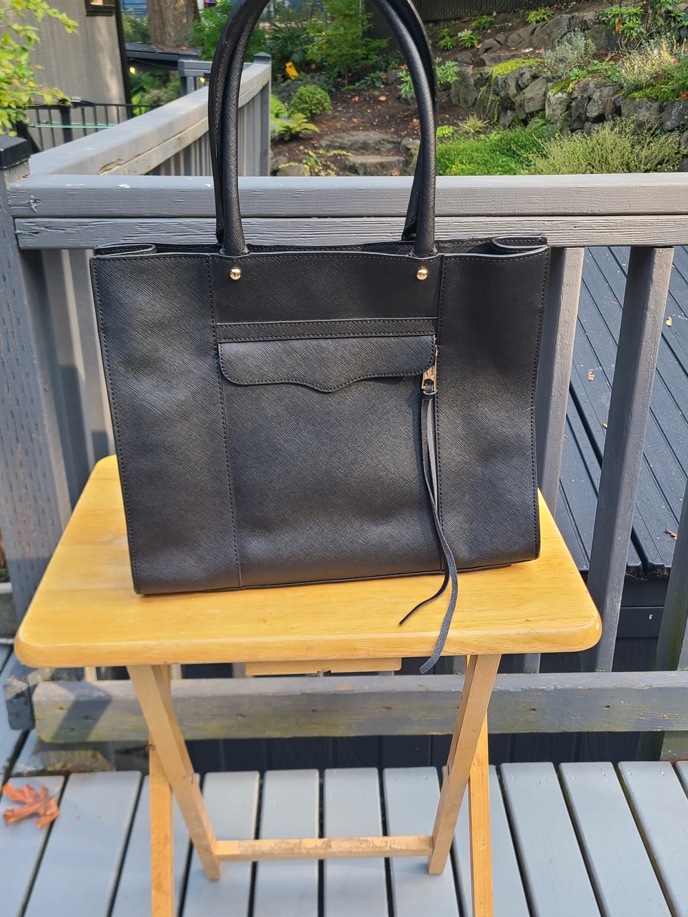 Rebecca Minkoff Black Structured Tote with Front Pocket and Tassel Detail
